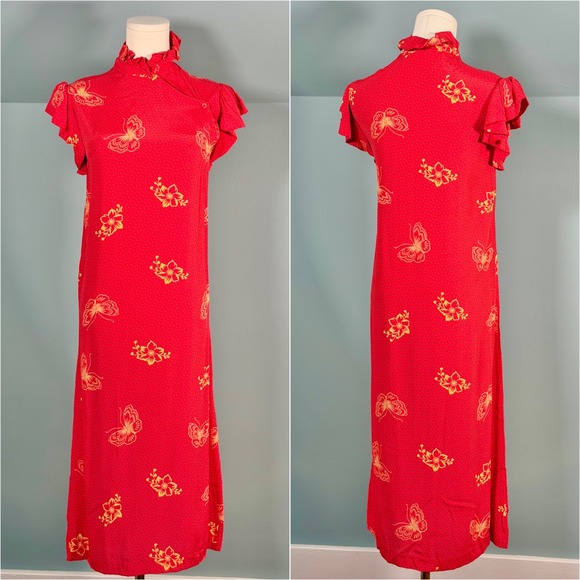 Dresses & Skirts - Vintage 1970s Red Dress Butterfly Polka Dot Cheongsam Qipao 70s Shift Large